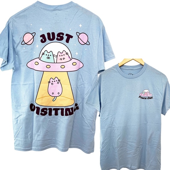 NWOT Pusheen Alien Cats Just Visiting Peace Out UFO T-Shirt Unisex Large - Picture 1 of 8